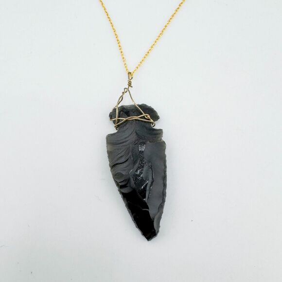 Wire Wrapped Vintage Obsidian Arrowhead Necklace – Handmade Boho Tribal Pendant - Picture 4 of 9